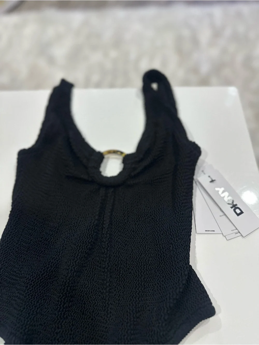 Dkny Black Textured One-Piece Swimsuit with Ring Detail